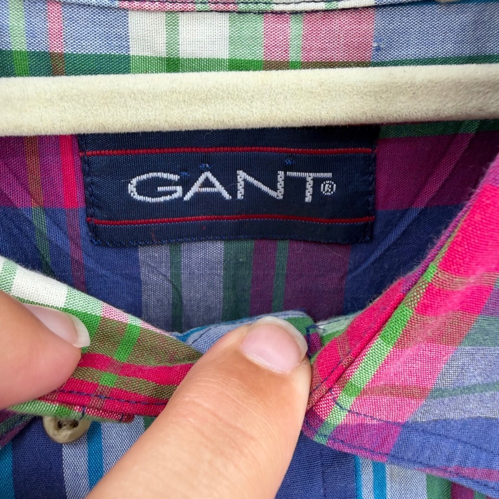 GANT Indigo Plaid Shirt Mens Large Short Sleeve Button Front Pink Blue Cotton - Picture 3 of 9